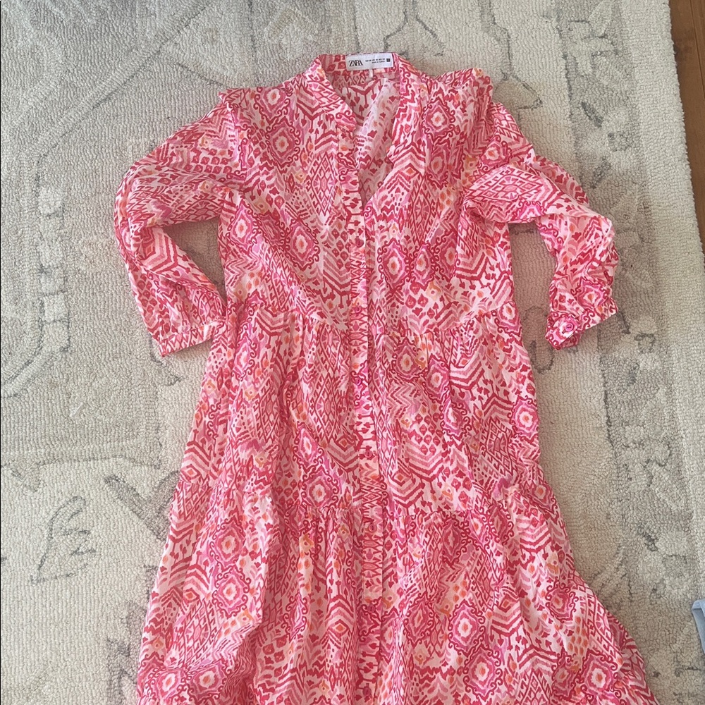 Zara Pink & White Printed Tiered Maxi Dress